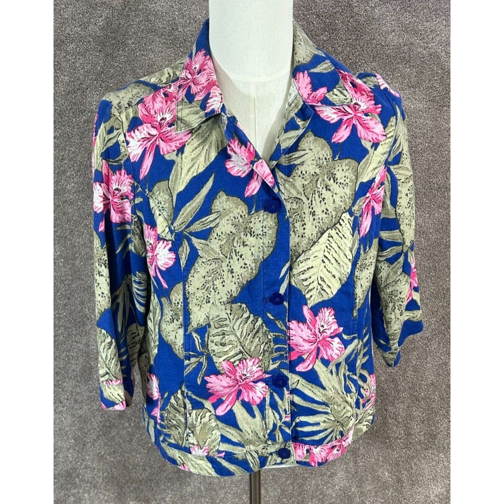 Chicos Jacket Womens 2‎ Large Blue Pink Tropical Floral Linen 3/4 Sleeve Beachy